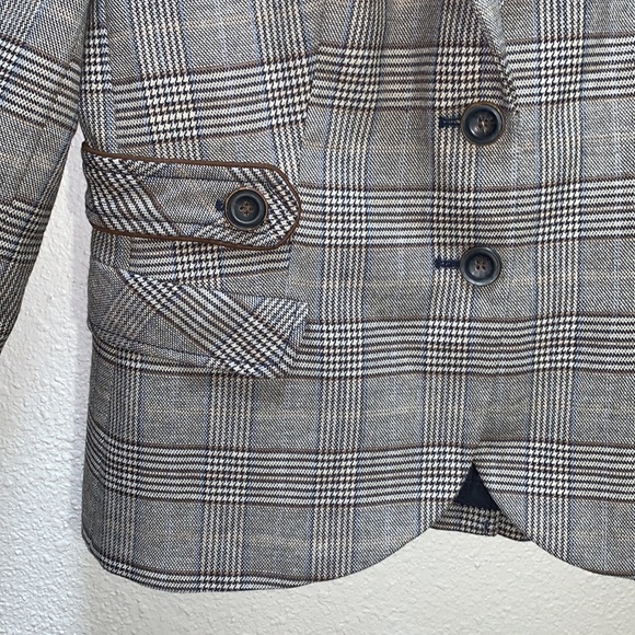 ZARA Basics Wool blend Plaid Blazer brown patchwork elbows 2 button satin lined - Picture 6 of 17